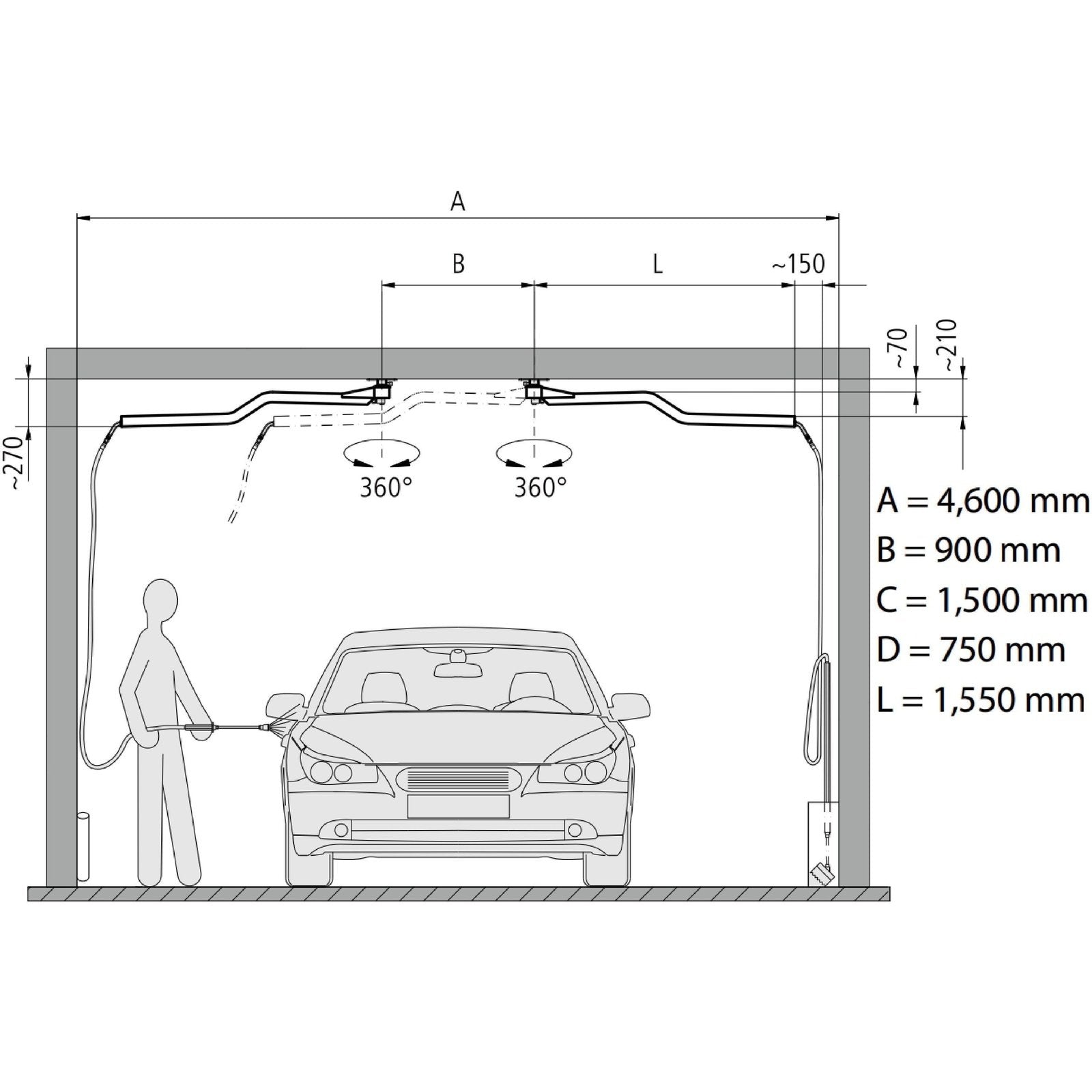 CAR WASH BOOM 1550mm, CEILING MOUNTED